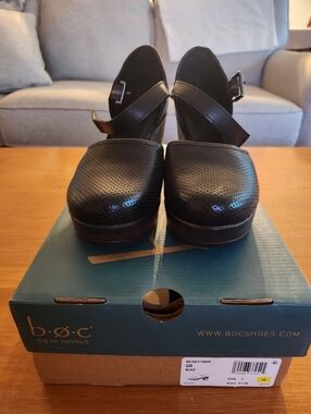 b.o.c. Gia Black Perforated Leather Clog Heels with Buckle Strap